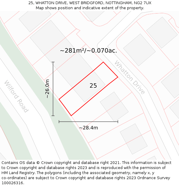 25, WHATTON DRIVE, WEST BRIDGFORD, NOTTINGHAM, NG2 7UX: Plot and title map