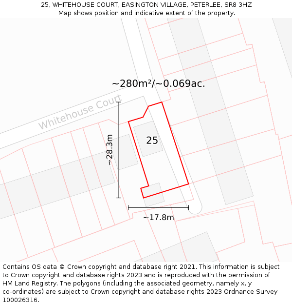 25, WHITEHOUSE COURT, EASINGTON VILLAGE, PETERLEE, SR8 3HZ: Plot and title map