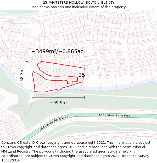 25, WHITSTERS HOLLOW, BOLTON, BL1 6TY: Plot and title map