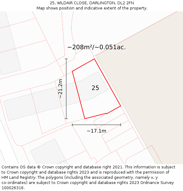 25, WILDAIR CLOSE, DARLINGTON, DL2 2FN: Plot and title map