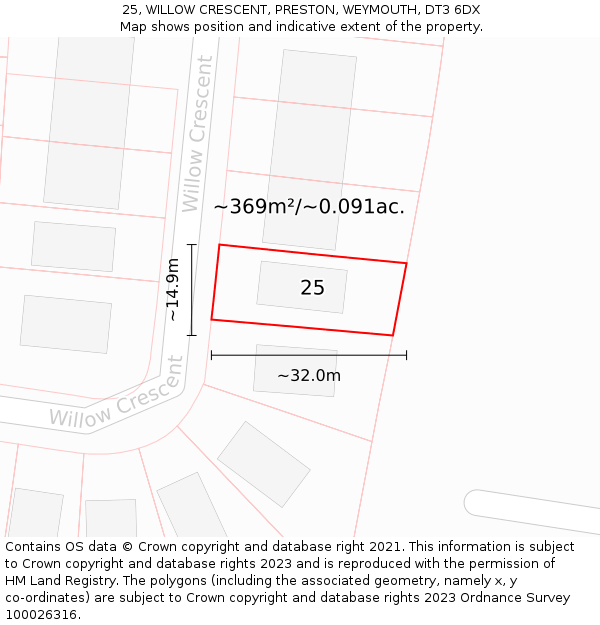 25, WILLOW CRESCENT, PRESTON, WEYMOUTH, DT3 6DX: Plot and title map