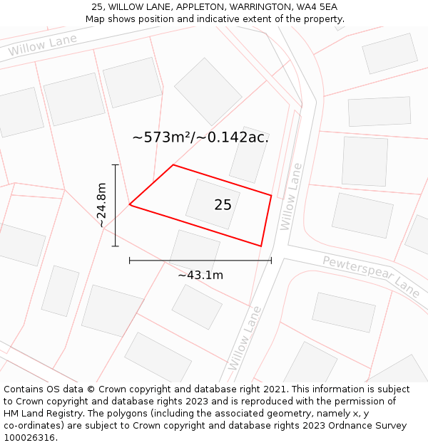25, WILLOW LANE, APPLETON, WARRINGTON, WA4 5EA: Plot and title map
