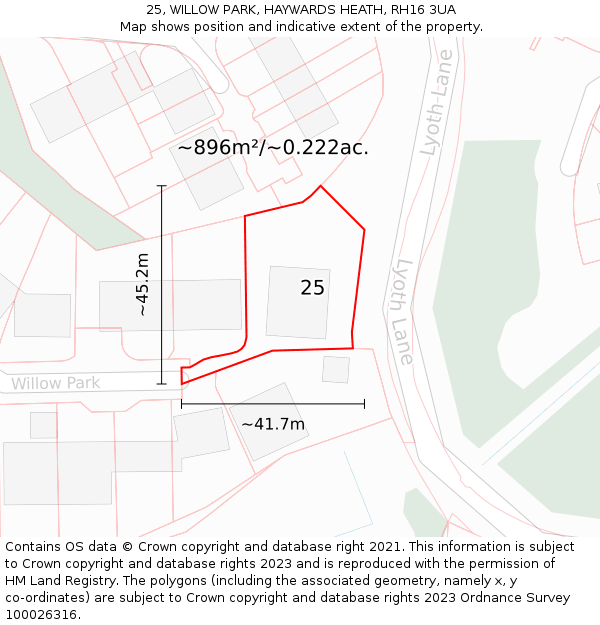 25, WILLOW PARK, HAYWARDS HEATH, RH16 3UA: Plot and title map