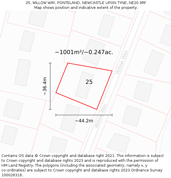 25, WILLOW WAY, PONTELAND, NEWCASTLE UPON TYNE, NE20 9RF: Plot and title map