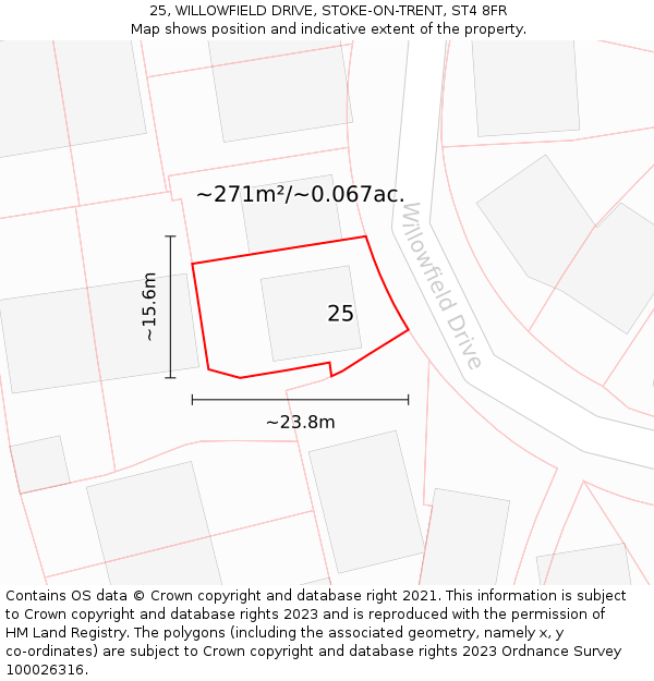 25, WILLOWFIELD DRIVE, STOKE-ON-TRENT, ST4 8FR: Plot and title map