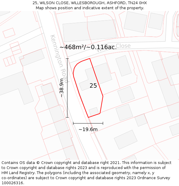 25, WILSON CLOSE, WILLESBOROUGH, ASHFORD, TN24 0HX: Plot and title map