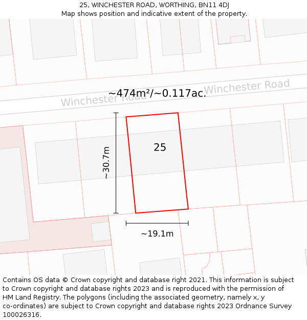 25, WINCHESTER ROAD, WORTHING, BN11 4DJ: Plot and title map