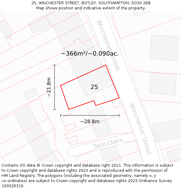 25, WINCHESTER STREET, BOTLEY, SOUTHAMPTON, SO30 2EB: Plot and title map