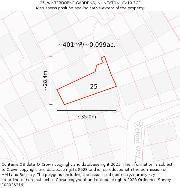 25, WINTERBORNE GARDENS, NUNEATON, CV10 7GF: Plot and title map