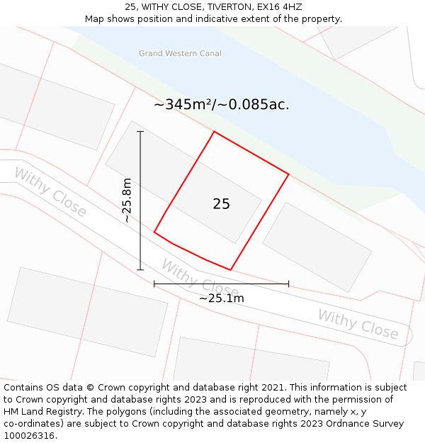 25, WITHY CLOSE, TIVERTON, EX16 4HZ: Plot and title map