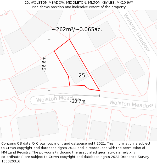 25, WOLSTON MEADOW, MIDDLETON, MILTON KEYNES, MK10 9AY: Plot and title map