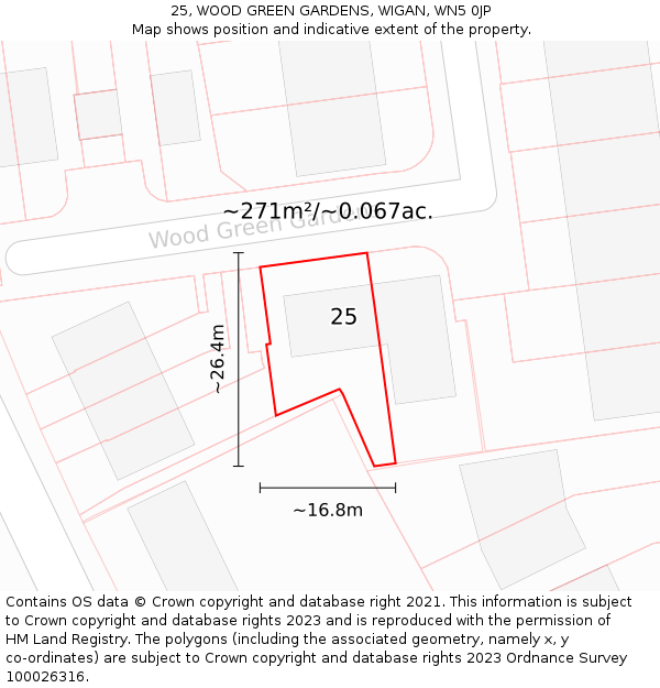 25, WOOD GREEN GARDENS, WIGAN, WN5 0JP: Plot and title map