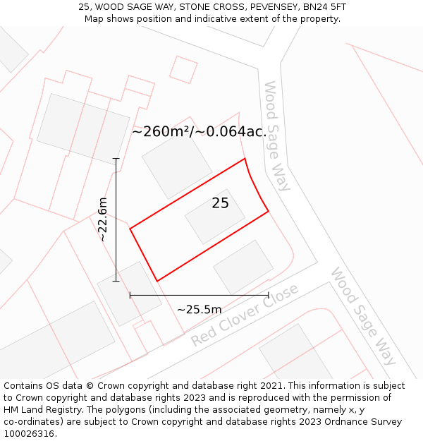 25, WOOD SAGE WAY, STONE CROSS, PEVENSEY, BN24 5FT: Plot and title map