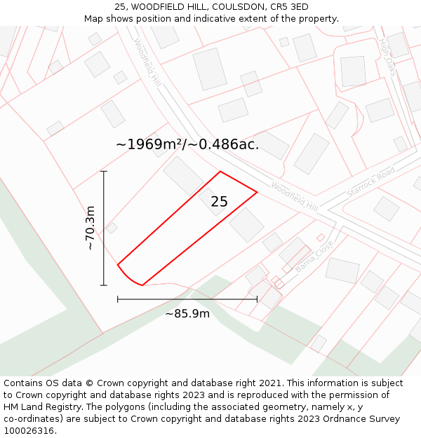 25, WOODFIELD HILL, COULSDON, CR5 3ED: Plot and title map