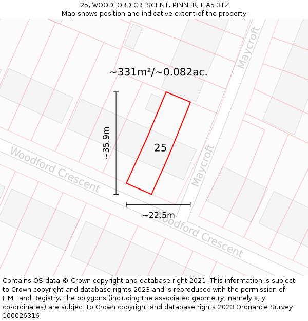 25, WOODFORD CRESCENT, PINNER, HA5 3TZ: Plot and title map