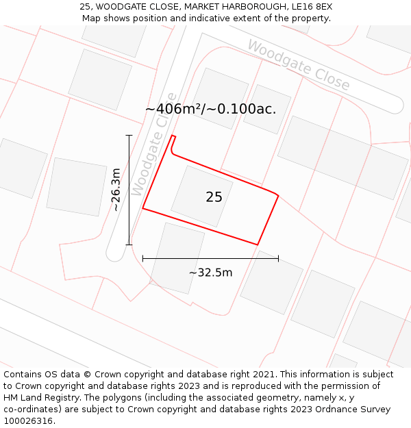 25, WOODGATE CLOSE, MARKET HARBOROUGH, LE16 8EX: Plot and title map