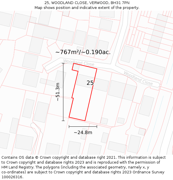 25, WOODLAND CLOSE, VERWOOD, BH31 7PN: Plot and title map
