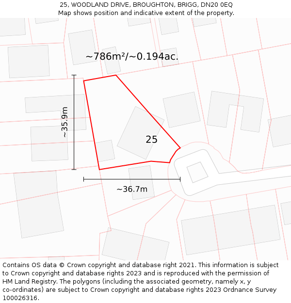 25, WOODLAND DRIVE, BROUGHTON, BRIGG, DN20 0EQ: Plot and title map