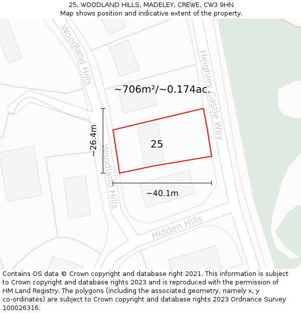 25, WOODLAND HILLS, MADELEY, CREWE, CW3 9HN: Plot and title map