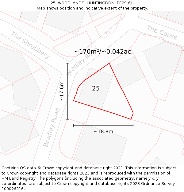 25, WOODLANDS, HUNTINGDON, PE29 6JU: Plot and title map