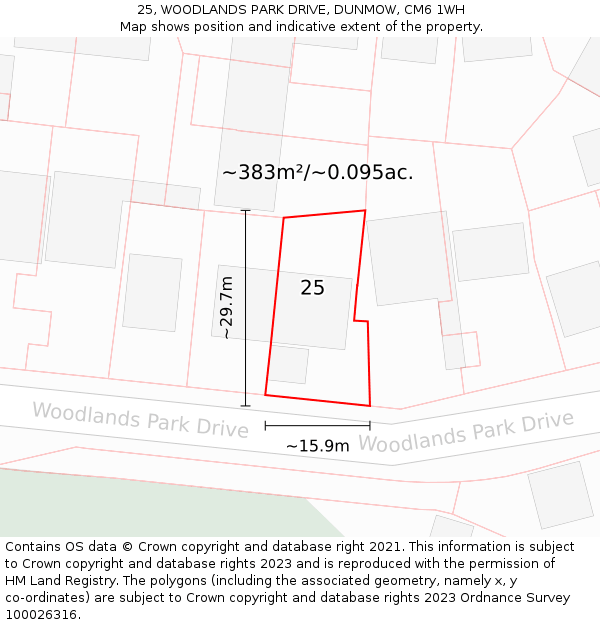 25, WOODLANDS PARK DRIVE, DUNMOW, CM6 1WH: Plot and title map