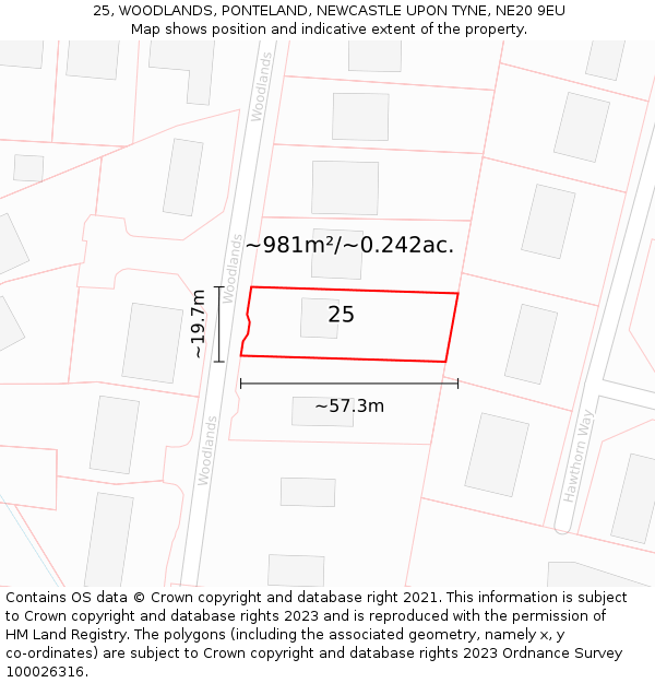 25, WOODLANDS, PONTELAND, NEWCASTLE UPON TYNE, NE20 9EU: Plot and title map