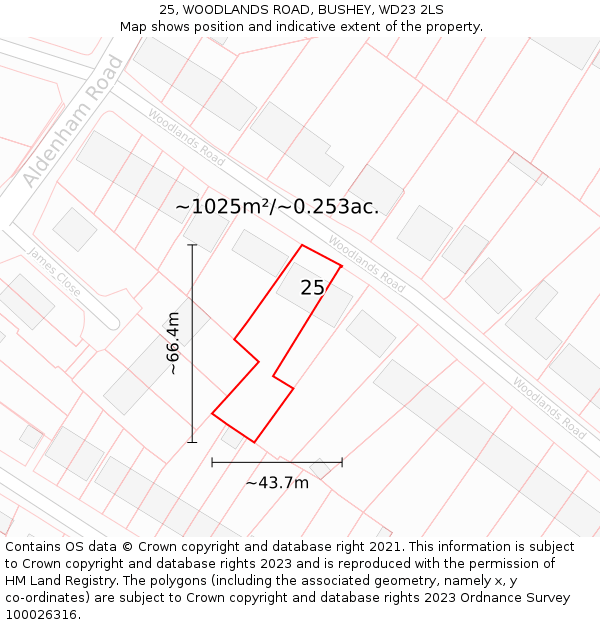 25, WOODLANDS ROAD, BUSHEY, WD23 2LS: Plot and title map