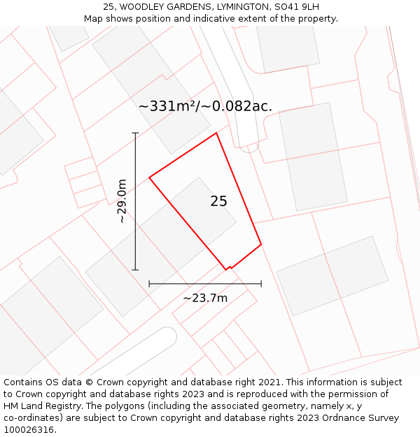 25, WOODLEY GARDENS, LYMINGTON, SO41 9LH: Plot and title map