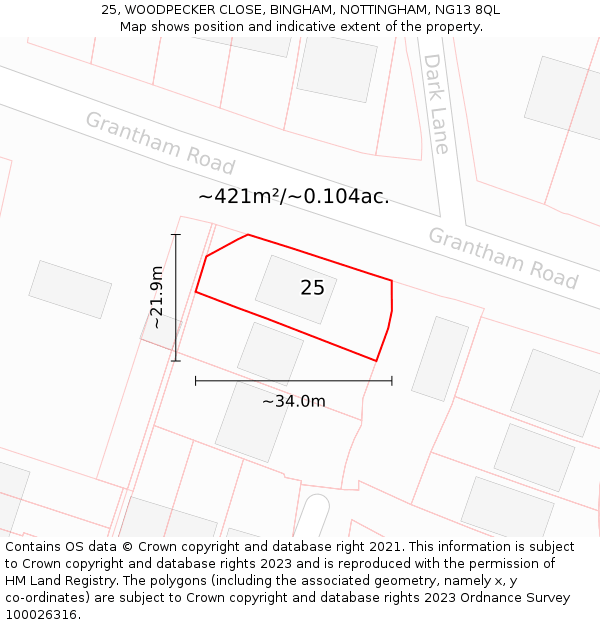 25, WOODPECKER CLOSE, BINGHAM, NOTTINGHAM, NG13 8QL: Plot and title map