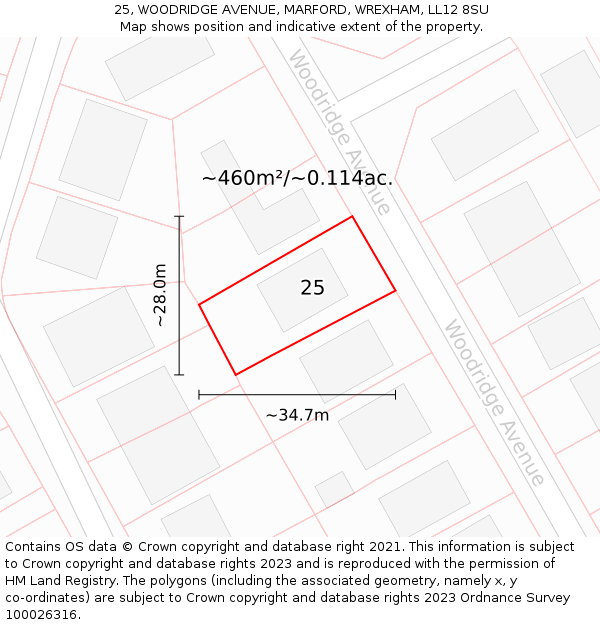 25, WOODRIDGE AVENUE, MARFORD, WREXHAM, LL12 8SU: Plot and title map