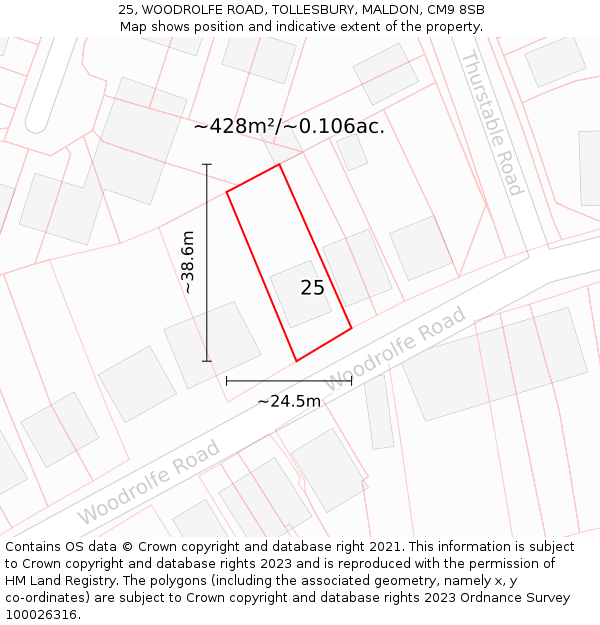 25, WOODROLFE ROAD, TOLLESBURY, MALDON, CM9 8SB: Plot and title map