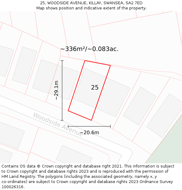 25, WOODSIDE AVENUE, KILLAY, SWANSEA, SA2 7ED: Plot and title map