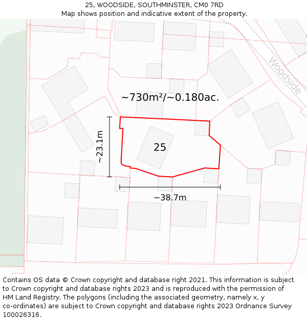 25, WOODSIDE, SOUTHMINSTER, CM0 7RD: Plot and title map