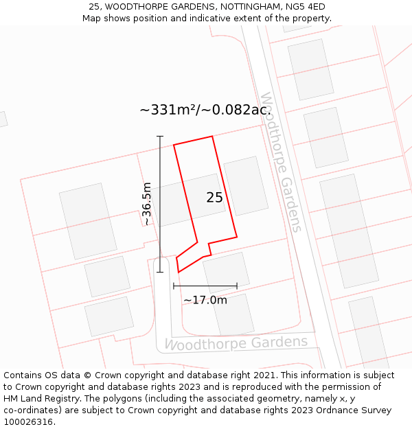 25, WOODTHORPE GARDENS, NOTTINGHAM, NG5 4ED: Plot and title map