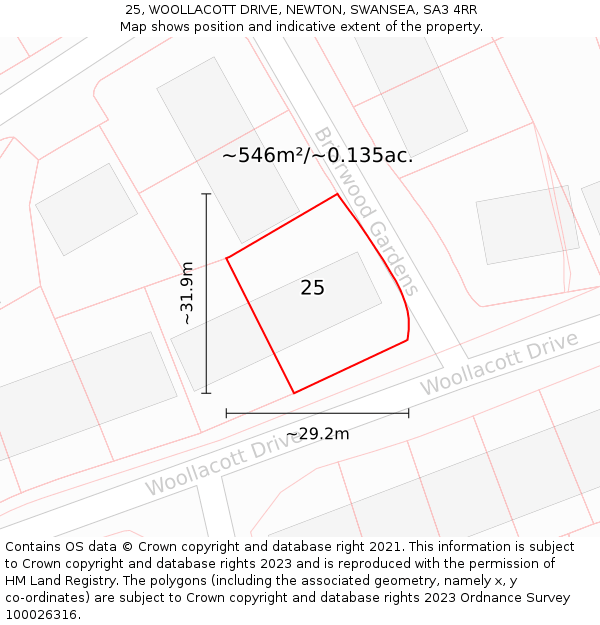 25, WOOLLACOTT DRIVE, NEWTON, SWANSEA, SA3 4RR: Plot and title map