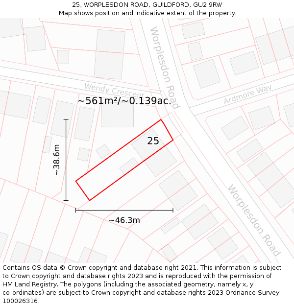 25, WORPLESDON ROAD, GUILDFORD, GU2 9RW: Plot and title map