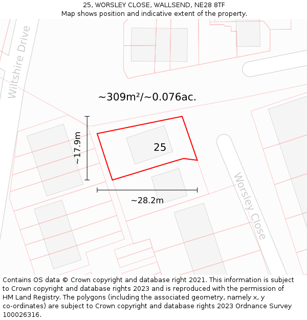 25, WORSLEY CLOSE, WALLSEND, NE28 8TF: Plot and title map