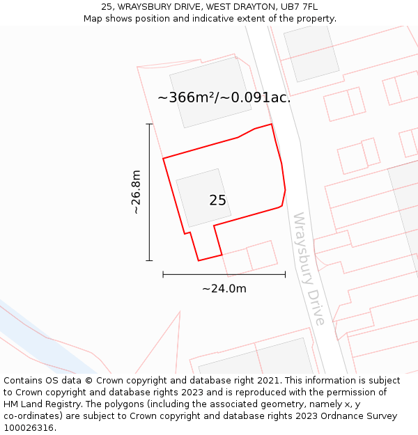 25, WRAYSBURY DRIVE, WEST DRAYTON, UB7 7FL: Plot and title map