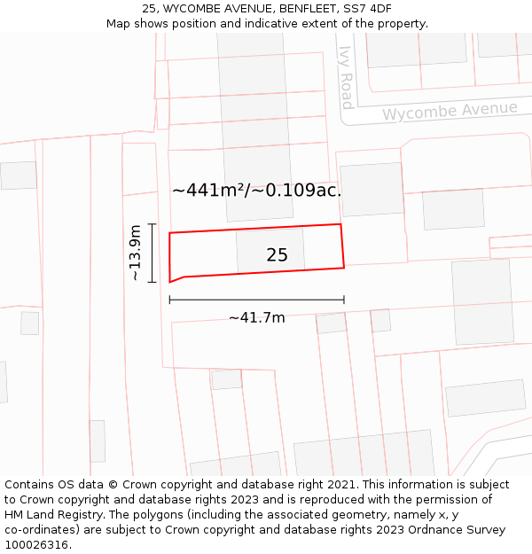 25, WYCOMBE AVENUE, BENFLEET, SS7 4DF: Plot and title map