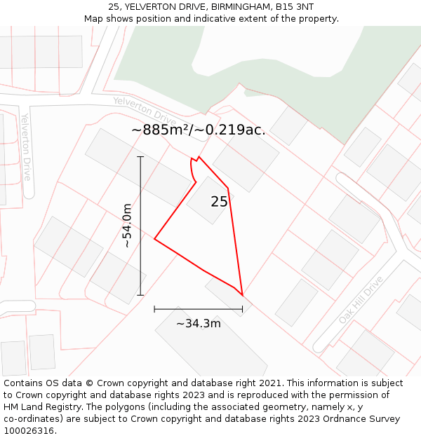 25, YELVERTON DRIVE, BIRMINGHAM, B15 3NT: Plot and title map