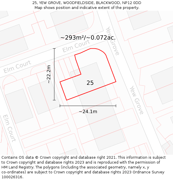 25, YEW GROVE, WOODFIELDSIDE, BLACKWOOD, NP12 0DD: Plot and title map