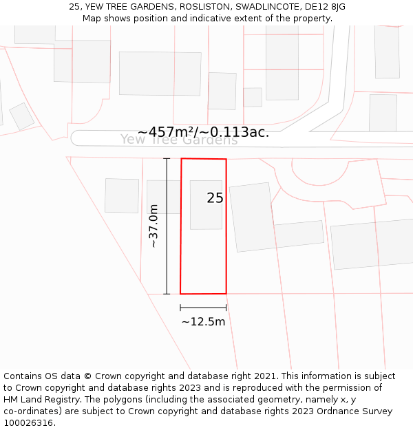 25, YEW TREE GARDENS, ROSLISTON, SWADLINCOTE, DE12 8JG: Plot and title map