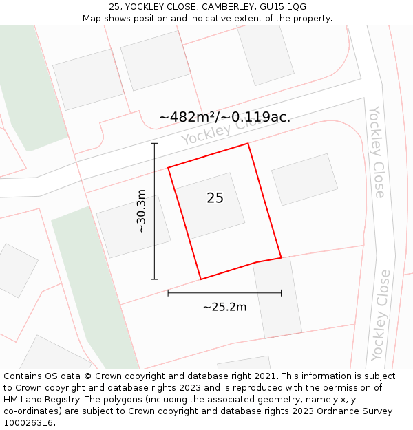 25, YOCKLEY CLOSE, CAMBERLEY, GU15 1QG: Plot and title map