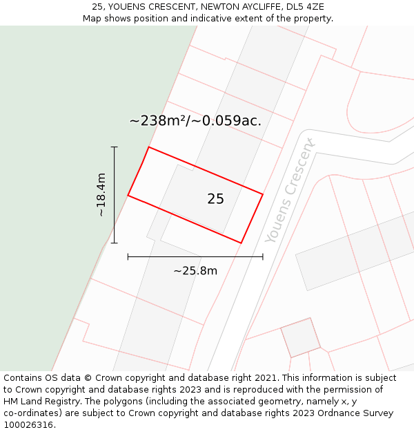 25, YOUENS CRESCENT, NEWTON AYCLIFFE, DL5 4ZE: Plot and title map