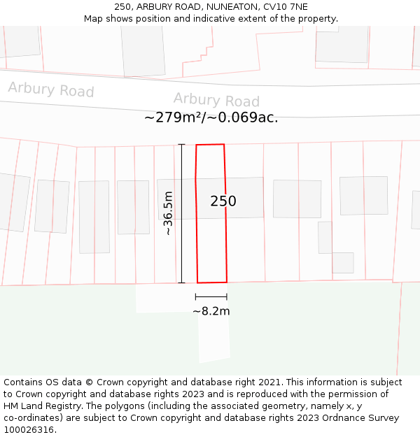 250, ARBURY ROAD, NUNEATON, CV10 7NE: Plot and title map