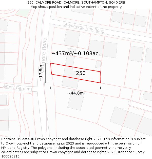 250, CALMORE ROAD, CALMORE, SOUTHAMPTON, SO40 2RB: Plot and title map