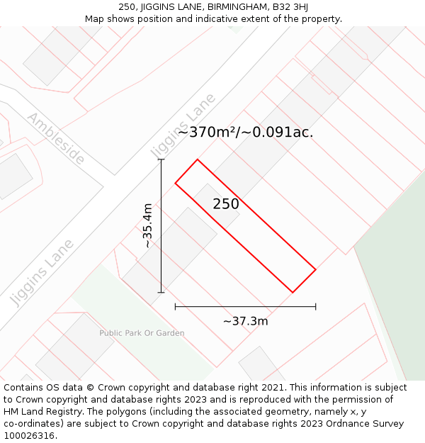 250, JIGGINS LANE, BIRMINGHAM, B32 3HJ: Plot and title map