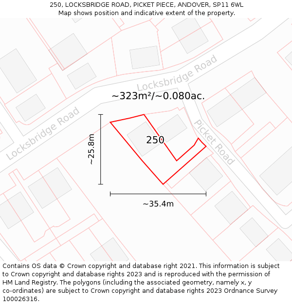 250, LOCKSBRIDGE ROAD, PICKET PIECE, ANDOVER, SP11 6WL: Plot and title map