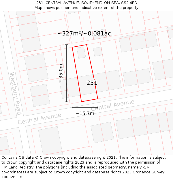 251, CENTRAL AVENUE, SOUTHEND-ON-SEA, SS2 4ED: Plot and title map