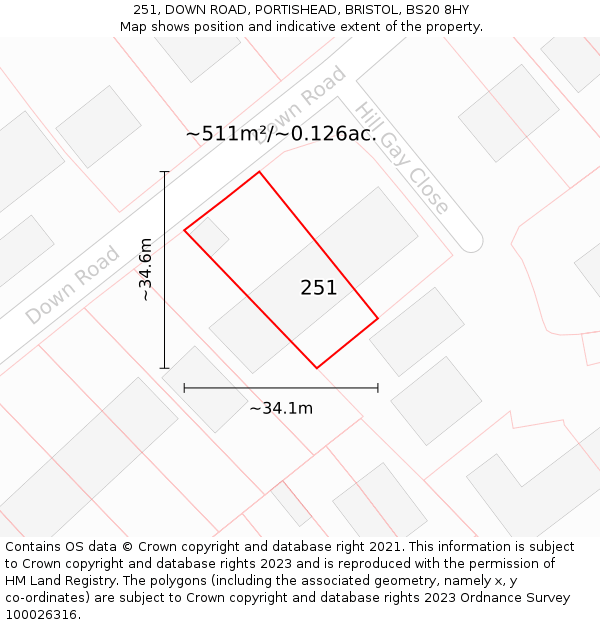 251, DOWN ROAD, PORTISHEAD, BRISTOL, BS20 8HY: Plot and title map